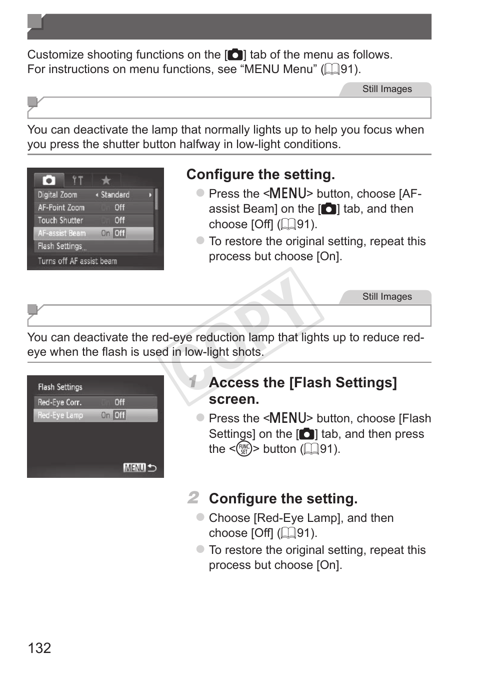 Customizing camera operation, Customizing camera, Operation | Cop y | Canon PowerShot S110 User Manual | Page 132 / 346