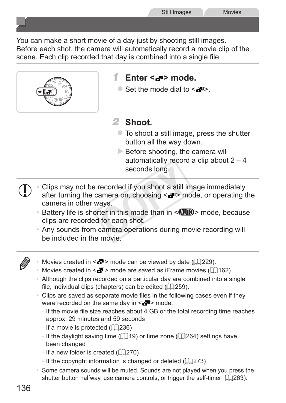 Auto clip recording (movie digest), Auto clip recording, Movie digest) | Cop y | Canon PowerShot S110 User Manual | Page 136 / 346