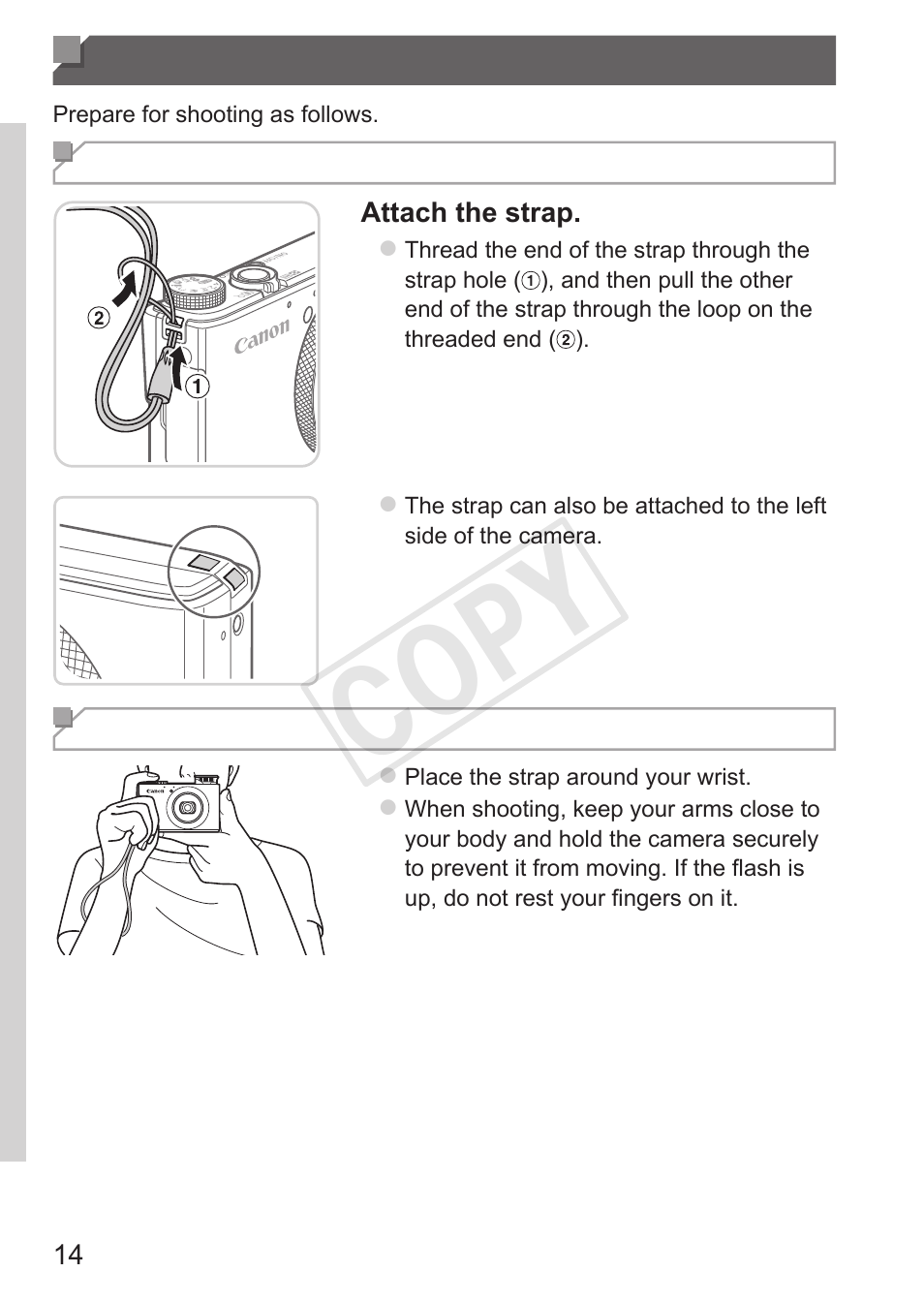 Initial preparations, Cop y | Canon PowerShot S110 User Manual | Page 14 / 346