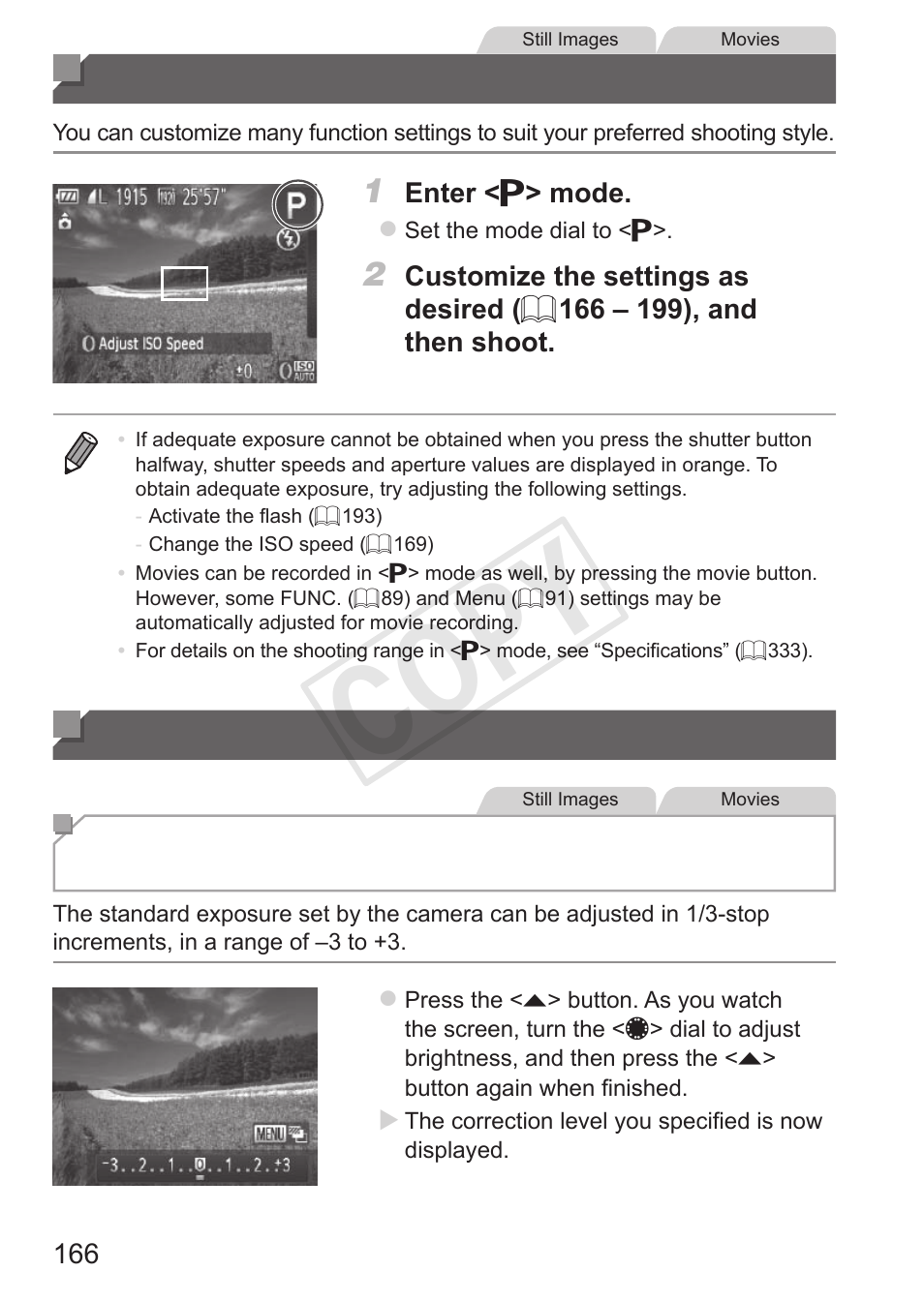 Shooting in program ae mode (<p> mode), Image brightness (exposure compensation), Shooting in program ae mode | P> mode) image brightness (exposure, Compensation), Cop y | Canon PowerShot S110 User Manual | Page 166 / 346