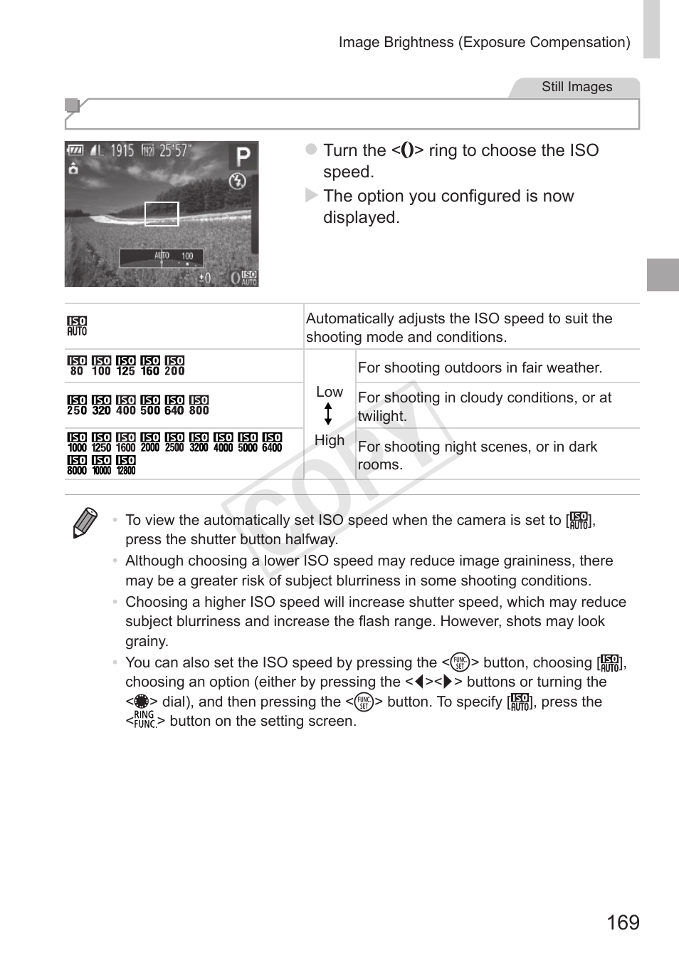 Cop y, Changing the iso speed | Canon PowerShot S110 User Manual | Page 169 / 346