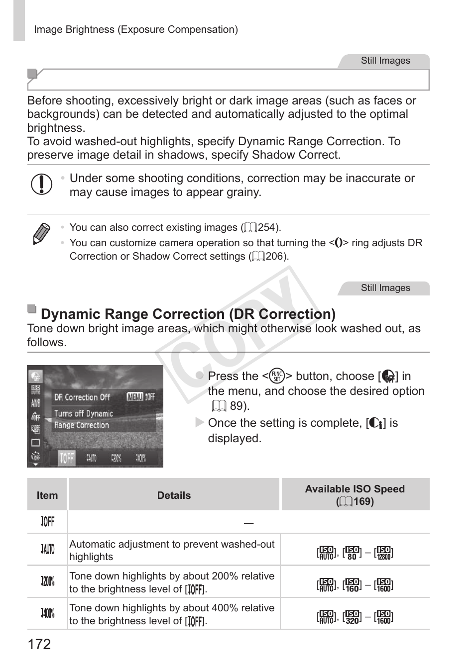 Cop y, Correcting image brightness (i-contrast), Dynamic range correction (dr correction) | Canon PowerShot S110 User Manual | Page 172 / 346