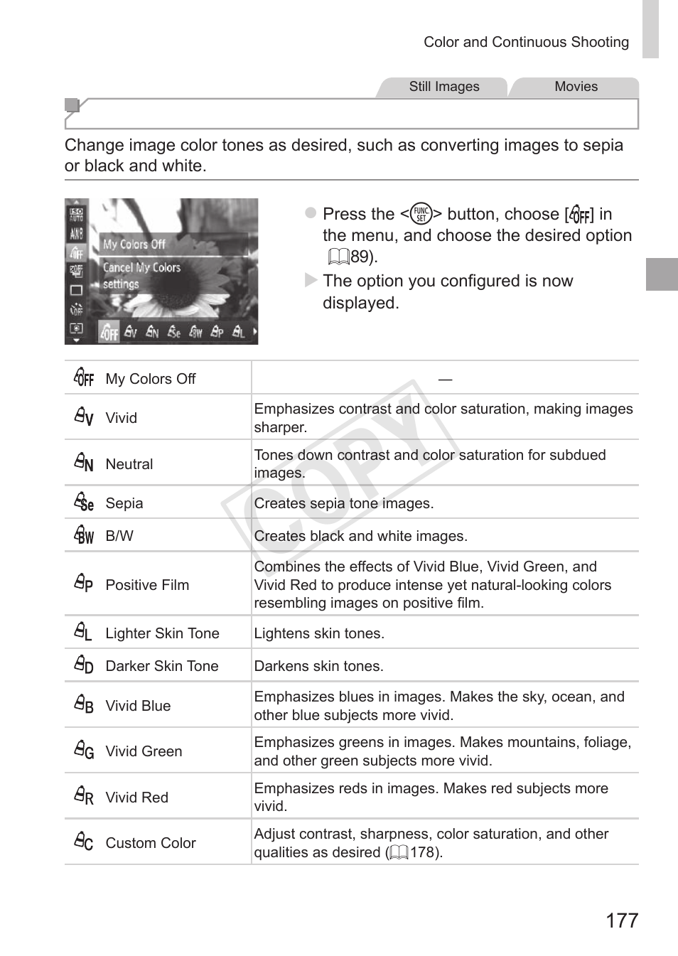 Cop y, Changing image color tones (my colors) | Canon PowerShot S110 User Manual | Page 177 / 346