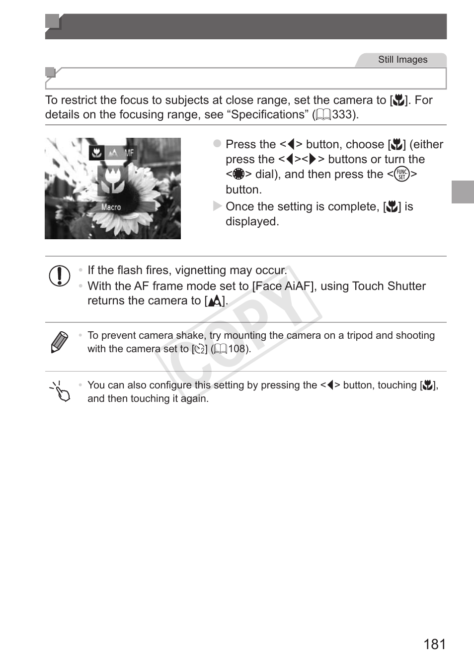 Shooting range and focusing, Shooting range and, Focusing | C op y | Canon PowerShot S110 User Manual | Page 181 / 346