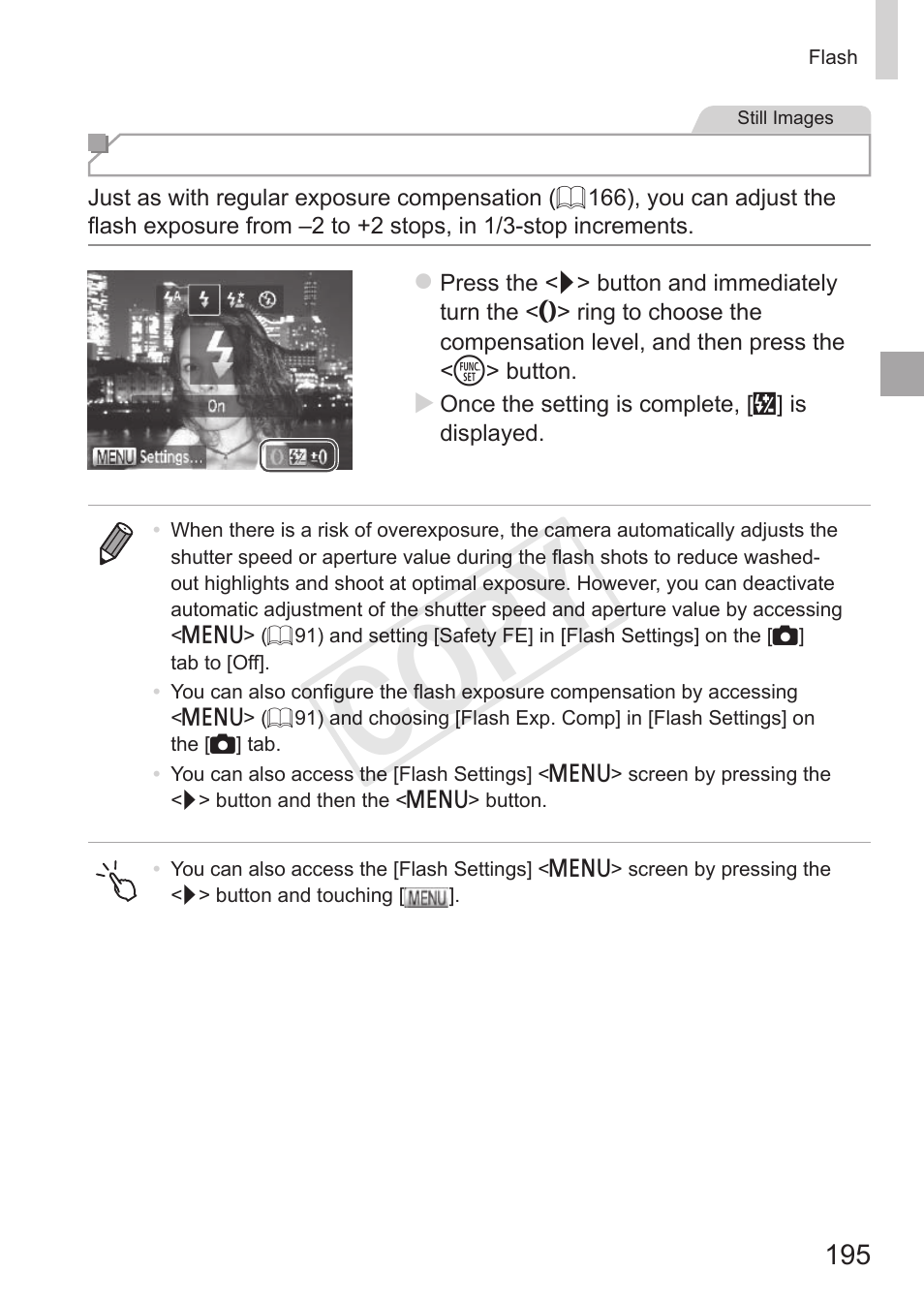 Cop y, Adjusting the flash exposure compensation | Canon PowerShot S110 User Manual | Page 195 / 346