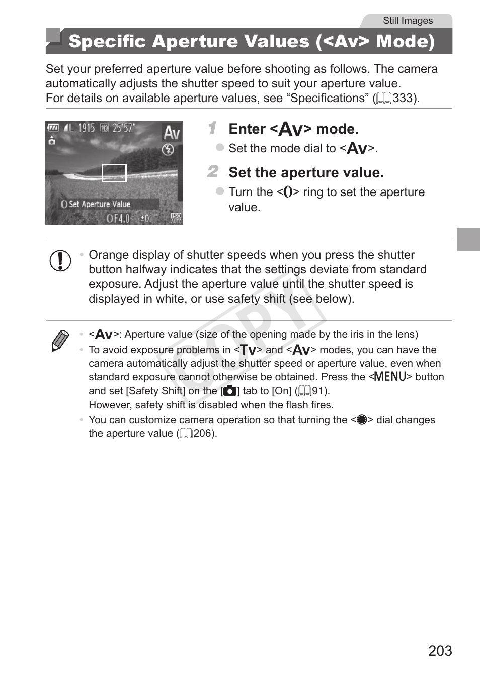 Specific aperture values (<av> mode), Specific aperture values, Av> mode) | Cop y | Canon PowerShot S110 User Manual | Page 203 / 346