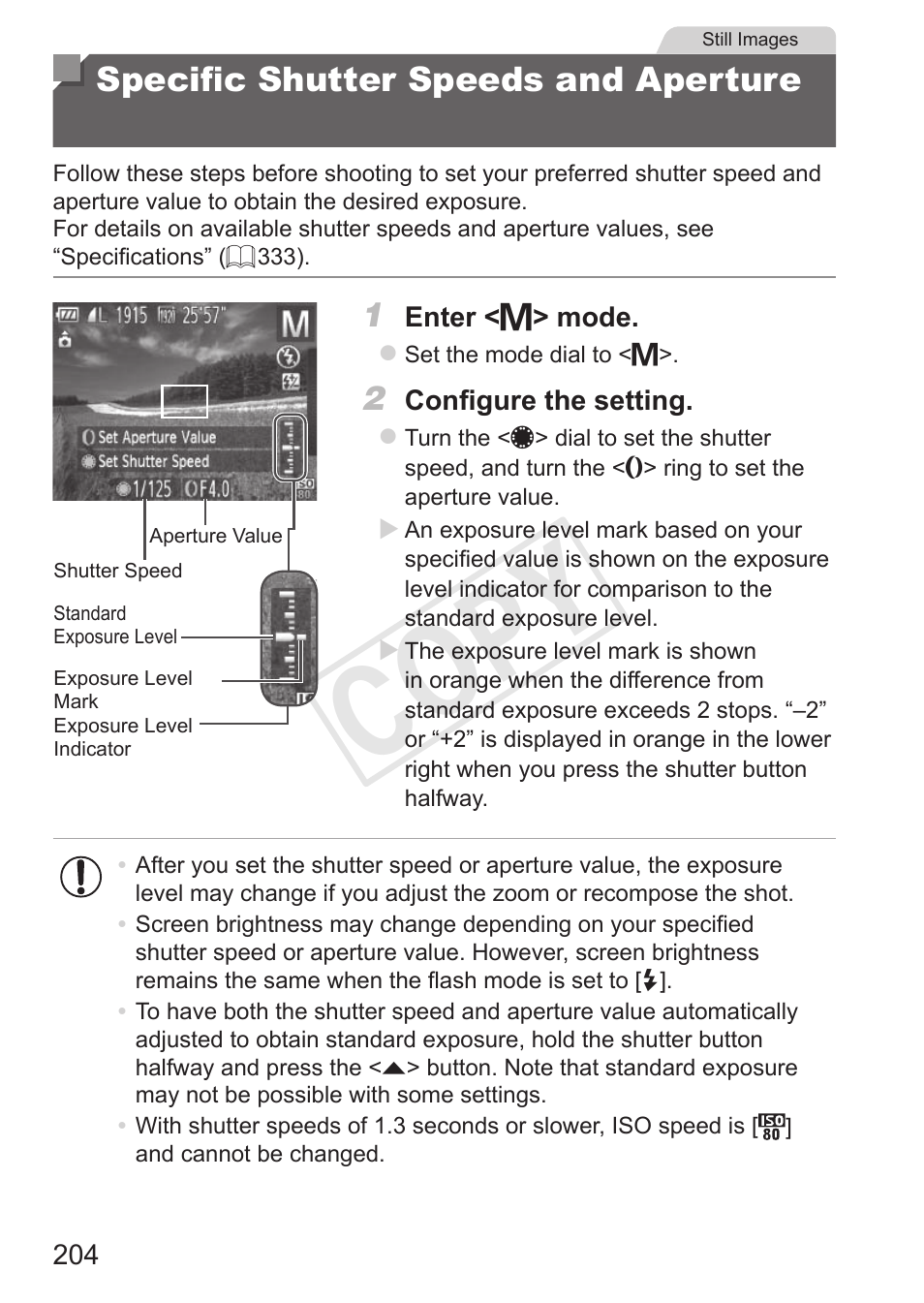 Specific shutter speeds and, Aperture values (<m> mode), Cop y | Canon PowerShot S110 User Manual | Page 204 / 346