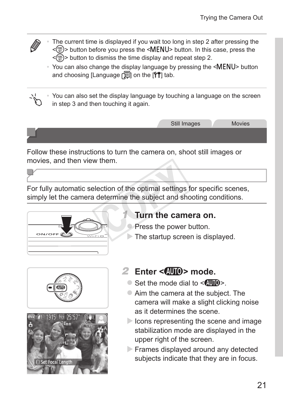 Trying the camera out, Cop y | Canon PowerShot S110 User Manual | Page 21 / 346