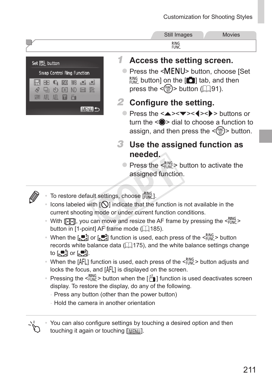 Cop y, Assigning functions to the < > button | Canon PowerShot S110 User Manual | Page 211 / 346