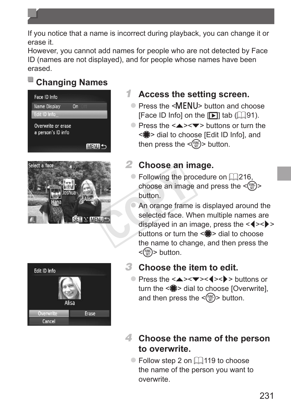 Editing face id information, Cop y | Canon PowerShot S110 User Manual | Page 231 / 346