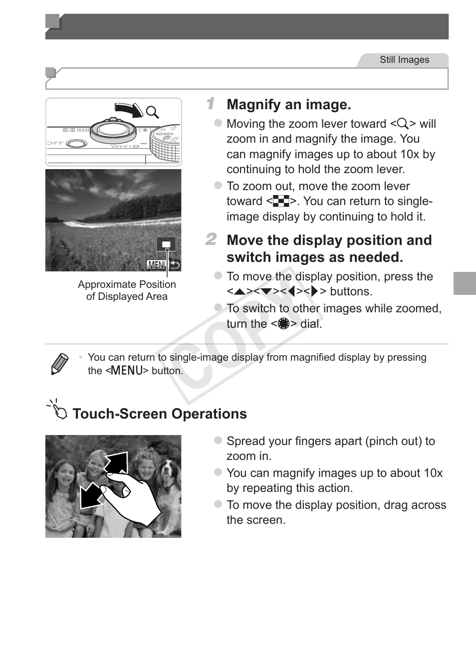 Image viewing options, Magnifying images, Cop y | Canon PowerShot S110 User Manual | Page 233 / 346