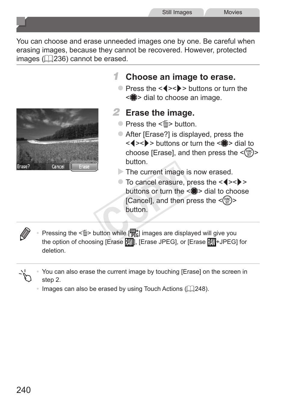 Erasing images, Cop y | Canon PowerShot S110 User Manual | Page 240 / 346