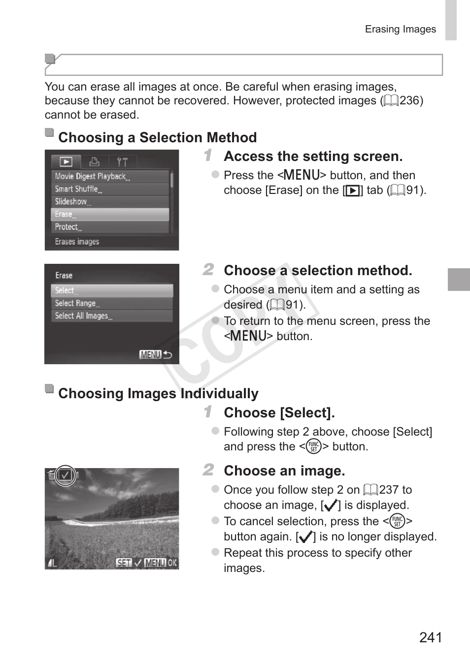 Erasing all images” (= 241), Cop y | Canon PowerShot S110 User Manual | Page 241 / 346