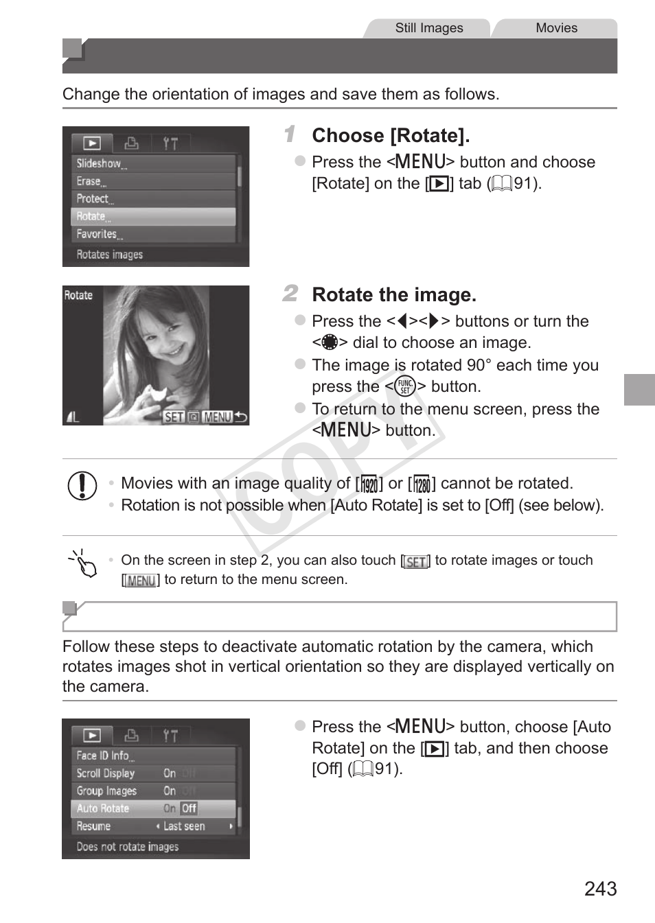 Rotating images, Cop y | Canon PowerShot S110 User Manual | Page 243 / 346