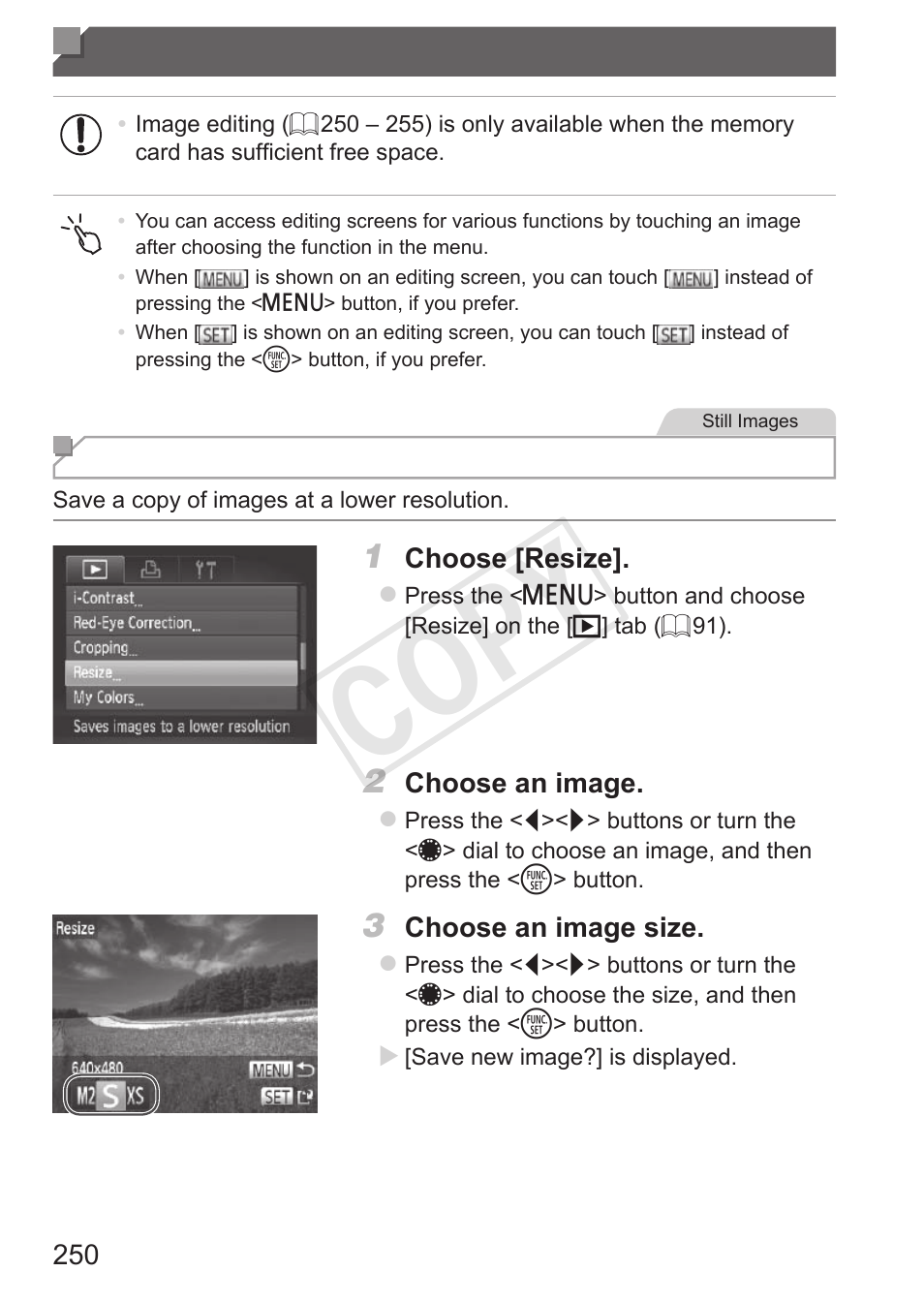 Editing still images, Cop y | Canon PowerShot S110 User Manual | Page 250 / 346