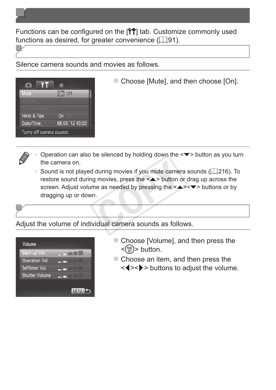 Adjusting basic camera functions, Adjusting basic camera, Functions | Cop y | Canon PowerShot S110 User Manual | Page 262 / 346