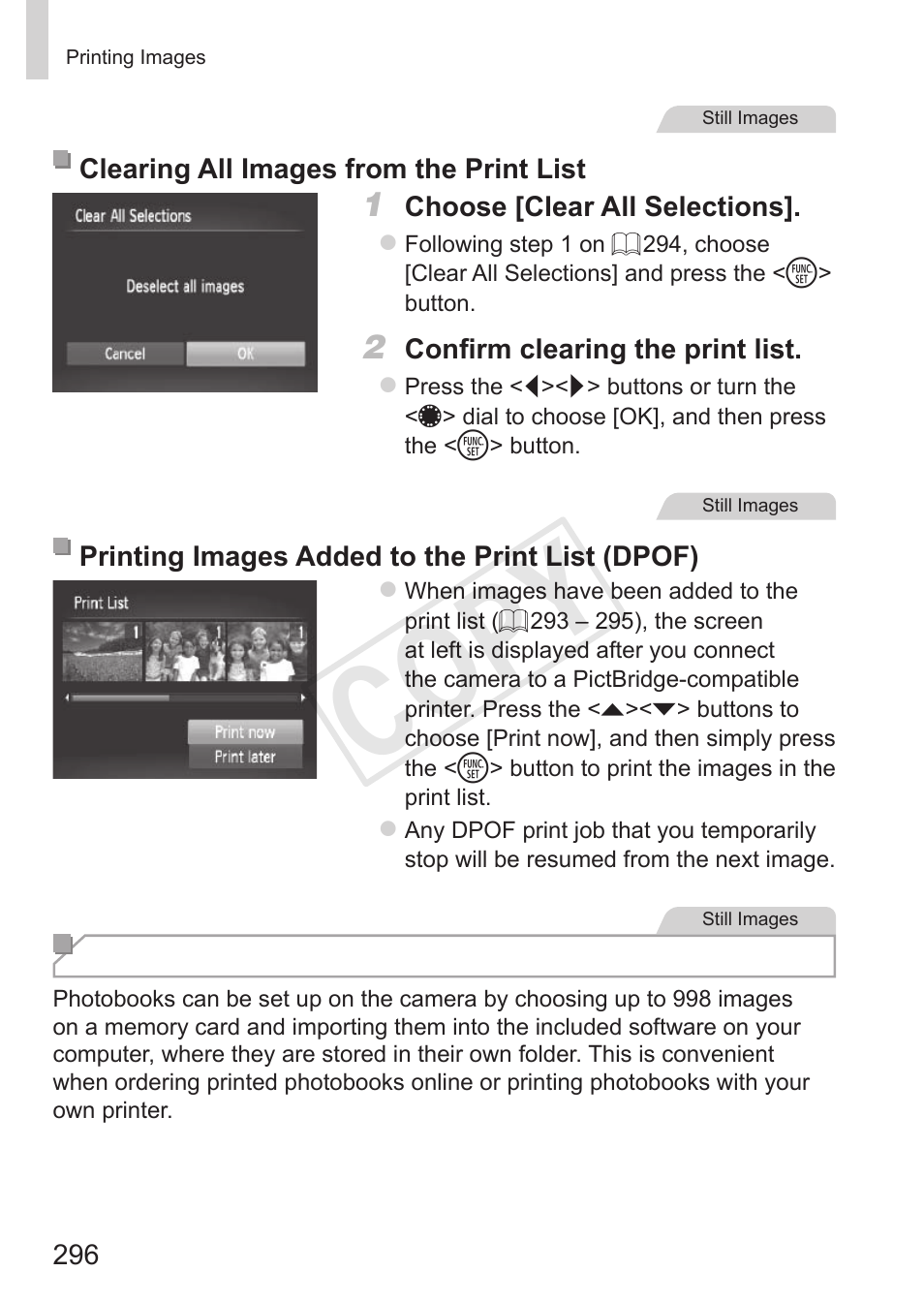 Adding images to a, Photobook, Adding images to a photobook (= 296) | Cop y | Canon PowerShot S110 User Manual | Page 296 / 346