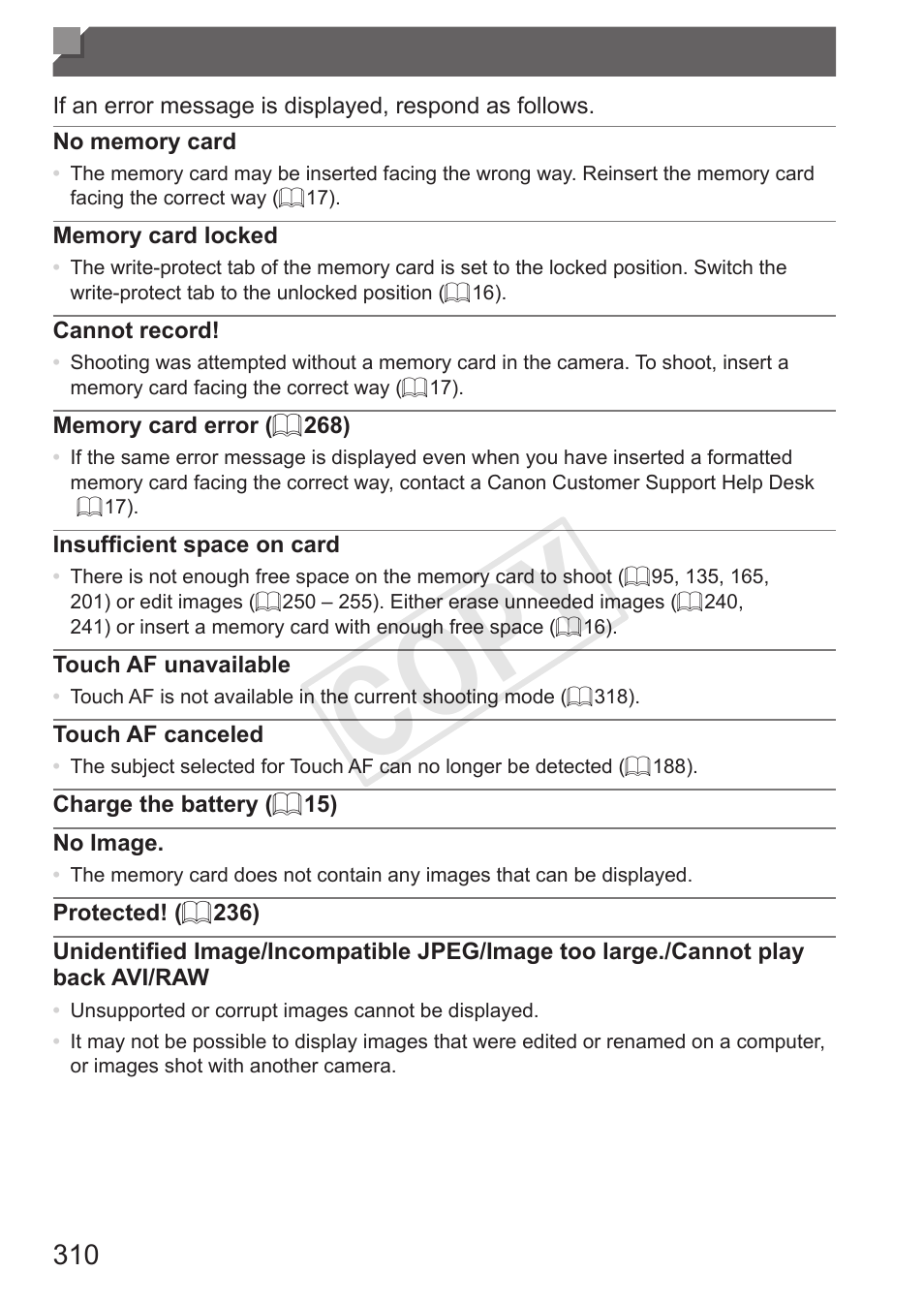 On-screen messages, Cop y | Canon PowerShot S110 User Manual | Page 310 / 346