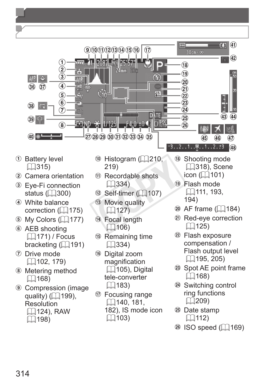 On-screen information, Cop y, Shooting (information display) | Canon PowerShot S110 User Manual | Page 314 / 346