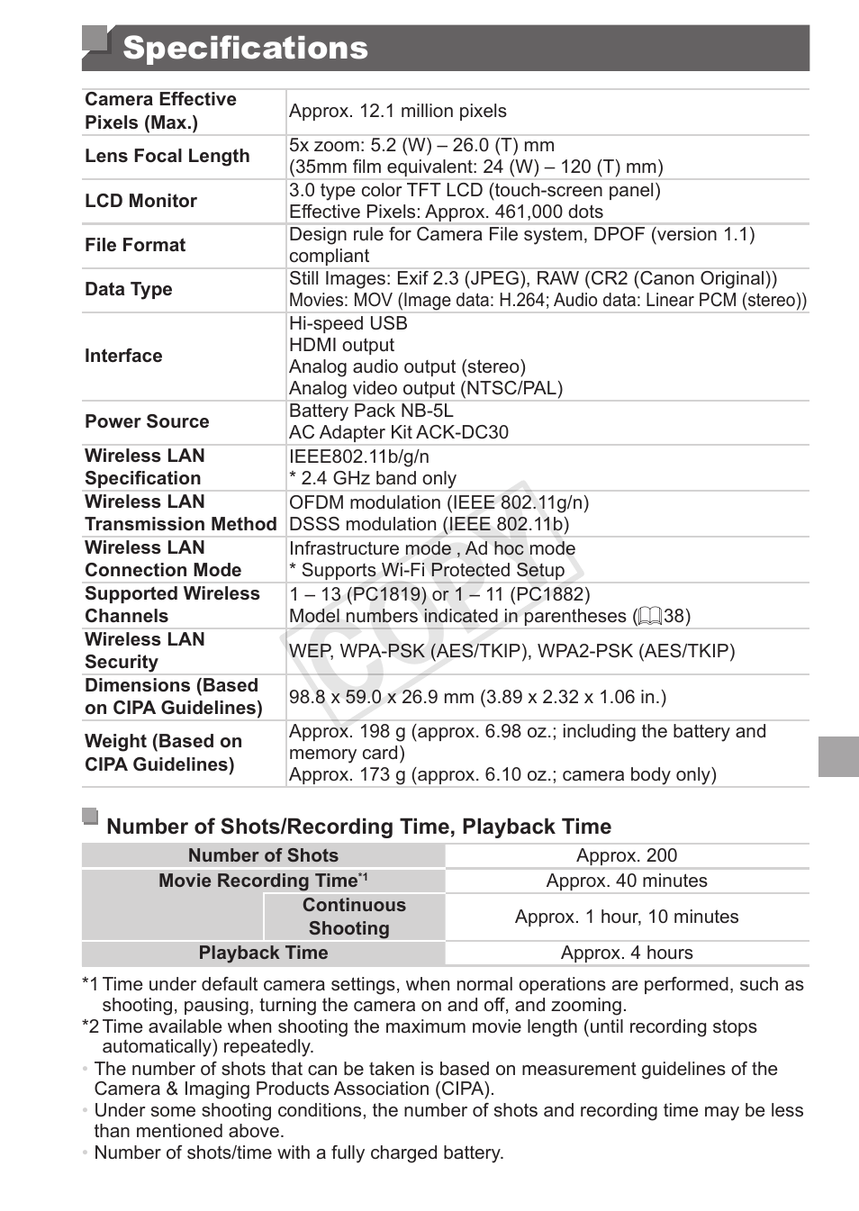 Specifications, Specifications” (= 333), Cop y | Canon PowerShot S110 User Manual | Page 333 / 346