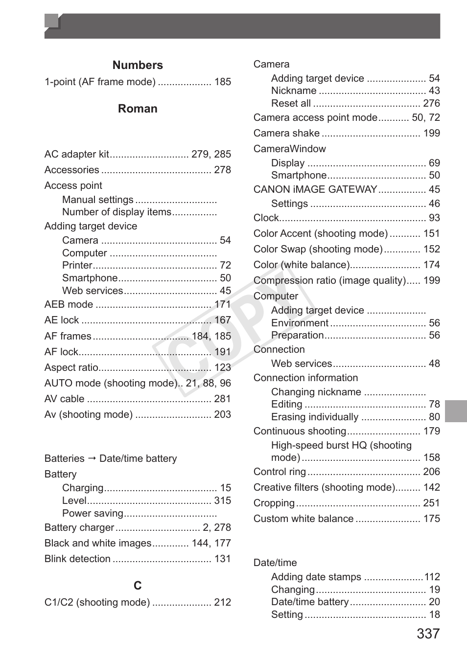 Index, C op y | Canon PowerShot S110 User Manual | Page 337 / 346