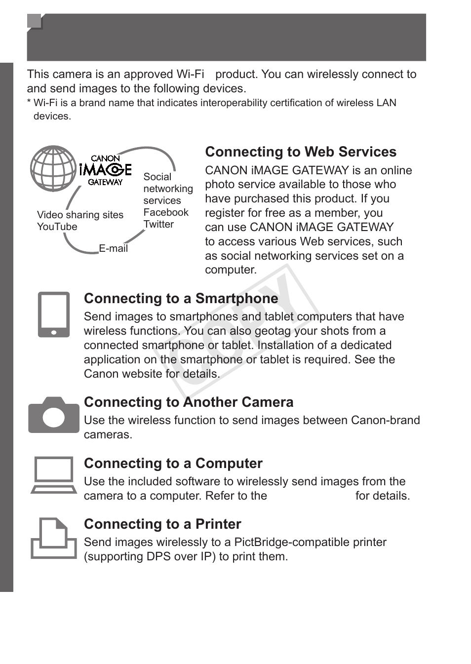 What you can do with the wireless lan function, What you can do with the, Wireless lan function | Cop y | Canon PowerShot S110 User Manual | Page 36 / 346