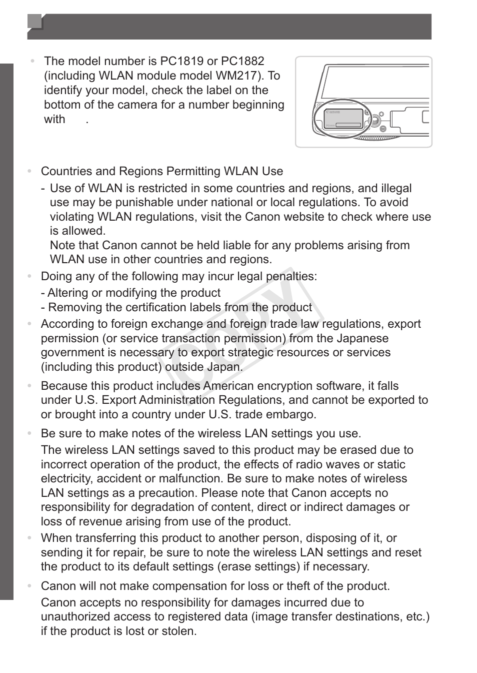 Wireless lan precautions, Cop y | Canon PowerShot S110 User Manual | Page 38 / 346
