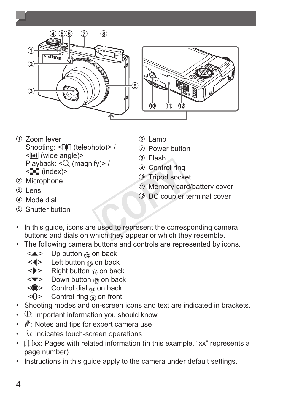 Part names and conventions in this guide, Cop y | Canon PowerShot S110 User Manual | Page 4 / 346