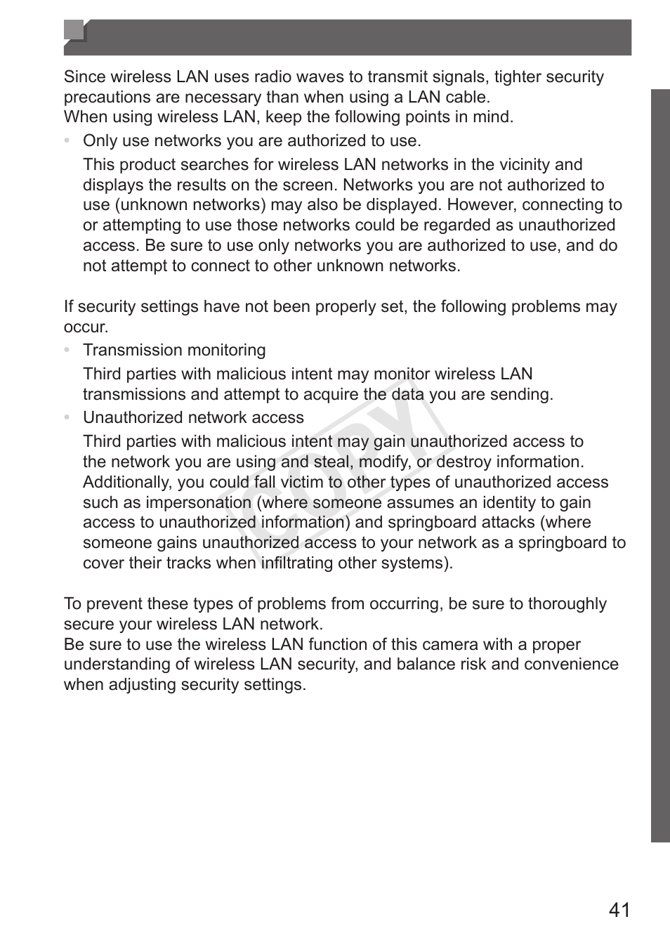 Security precautions, Cop y | Canon PowerShot S110 User Manual | Page 41 / 346