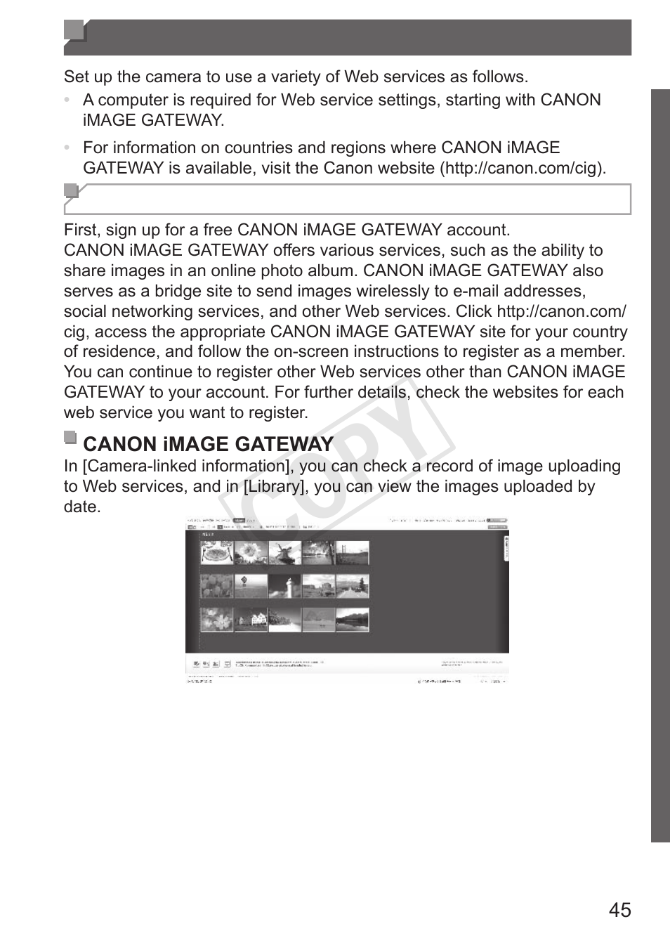 Connecting to web services, Cop y | Canon PowerShot S110 User Manual | Page 45 / 346