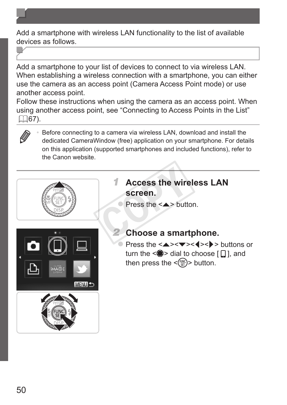 Connecting to a smartphone, Cop y | Canon PowerShot S110 User Manual | Page 50 / 346