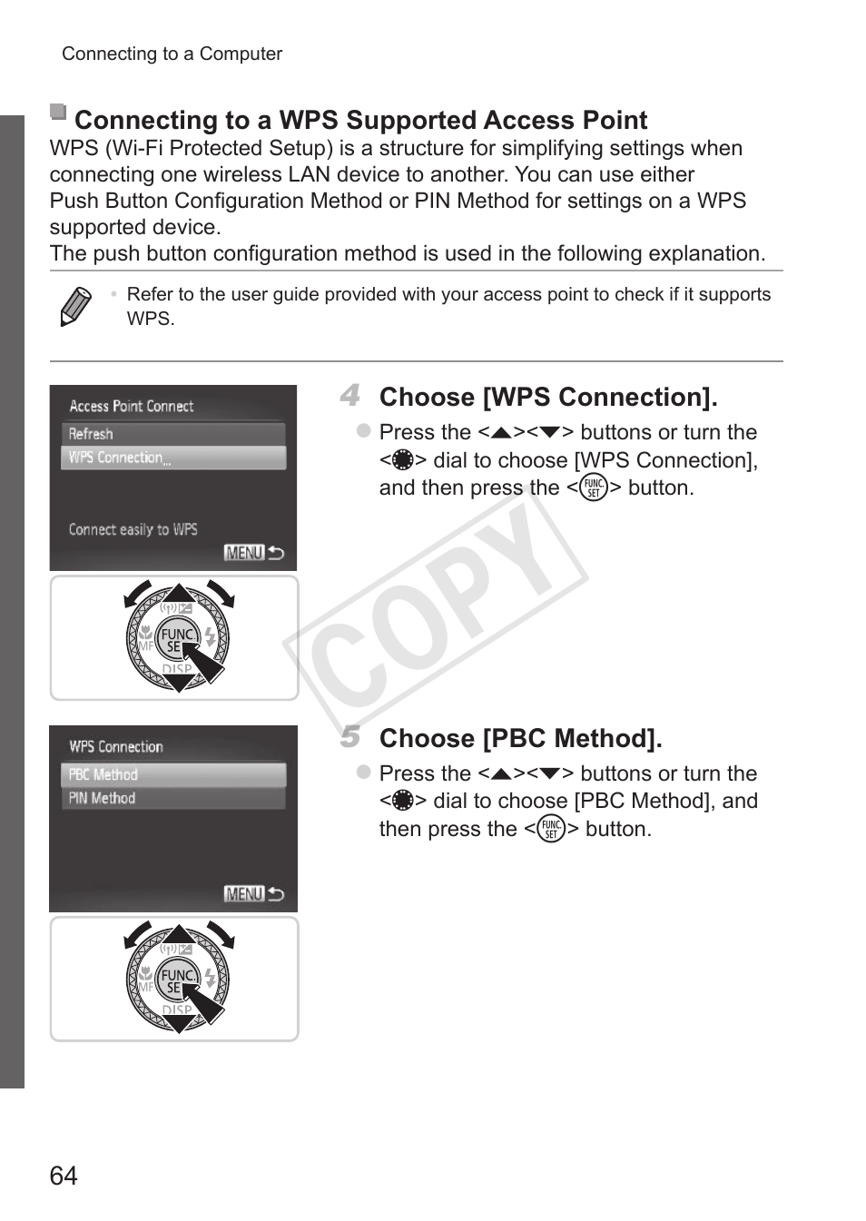 Connecting to a wps, Supported access point, Cop y | Canon PowerShot S110 User Manual | Page 64 / 346