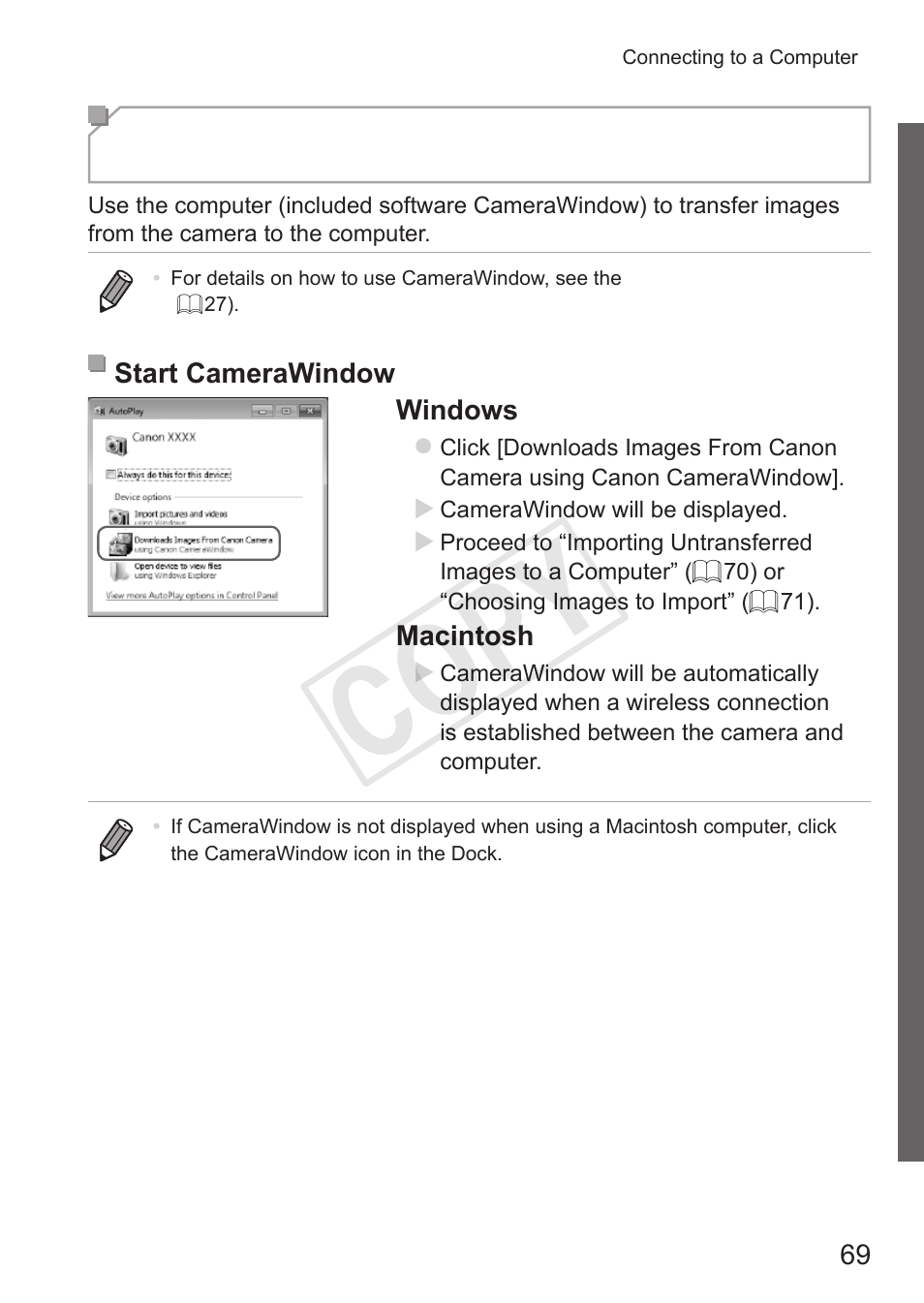 Using, Camerawindow to transfer images to a, Computer | Using camerawindow to, Transfer images to a computer, Using camerawindow to transfer, Images to a computer, Using camerawindow, To transfer images to a computer, Cop y | Canon PowerShot S110 User Manual | Page 69 / 346