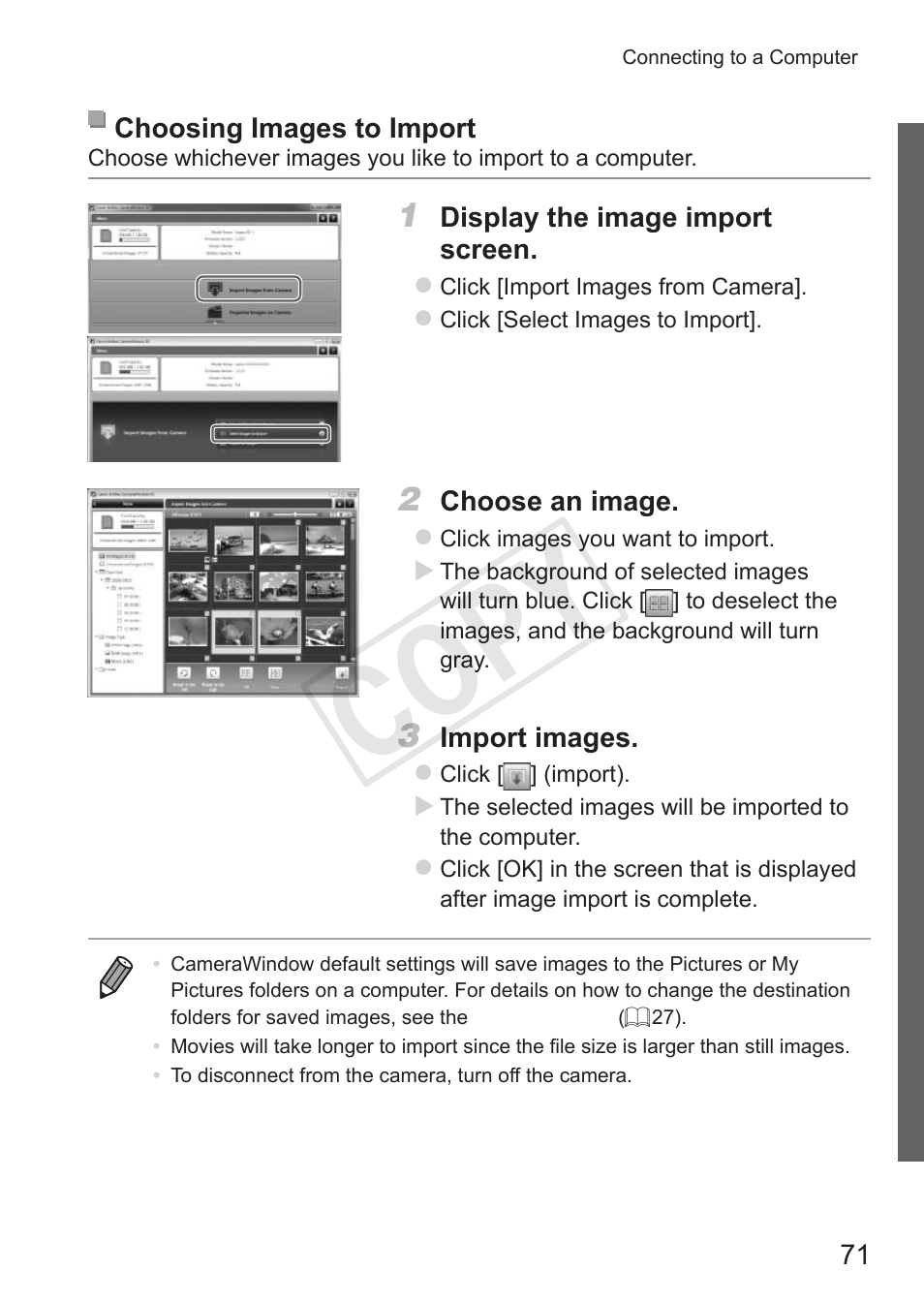 Choosing images to import, Cop y | Canon PowerShot S110 User Manual | Page 71 / 346