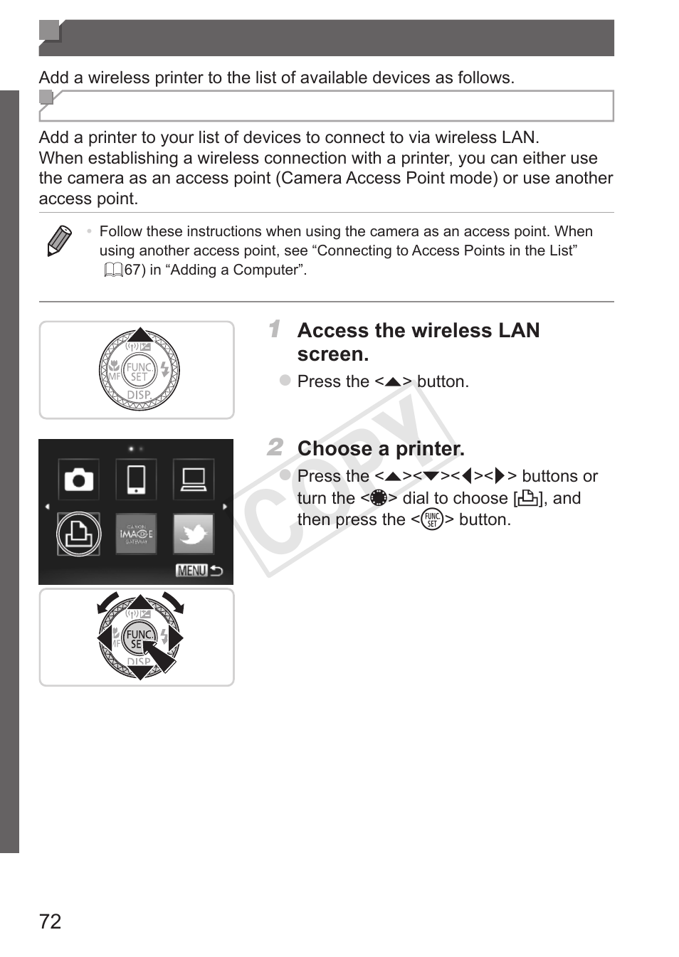 Connecting to a printer, Cop y | Canon PowerShot S110 User Manual | Page 72 / 346