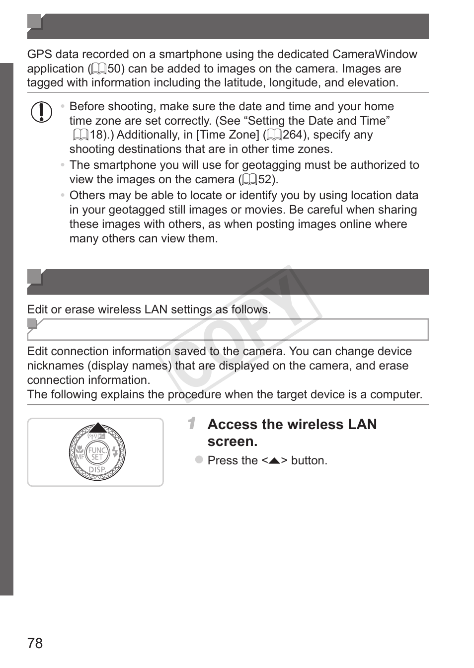 Geotagging images on the camera, Other information, Geotagging images on the | Camera other information, Cop y | Canon PowerShot S110 User Manual | Page 78 / 346