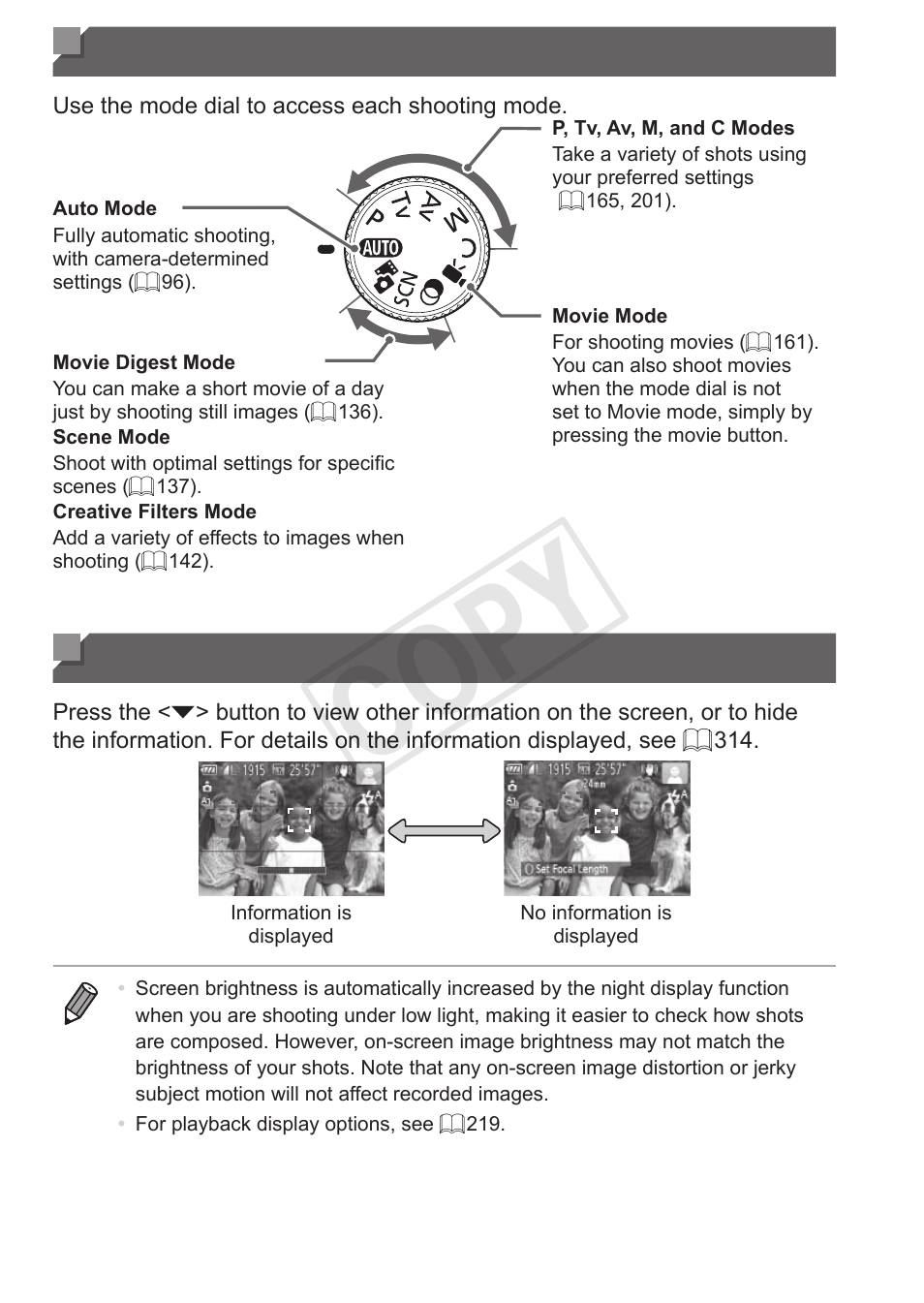 Shooting modes, Shooting display options, Shooting modes shooting display options | Cop y | Canon PowerShot S110 User Manual | Page 88 / 346