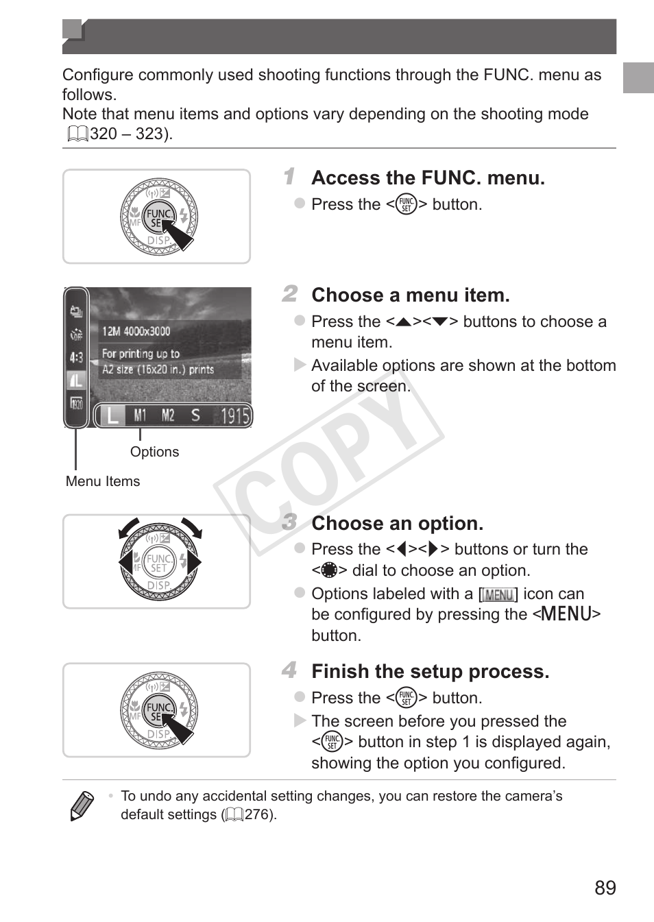 Func. menu, Cop y | Canon PowerShot S110 User Manual | Page 89 / 346