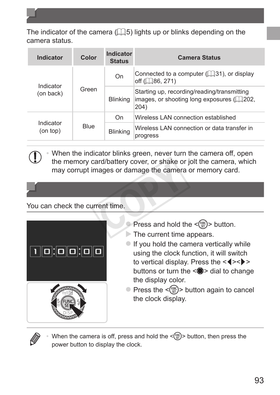 Indicator display, Clock, Indicator display clock | Cop y | Canon PowerShot S110 User Manual | Page 93 / 346