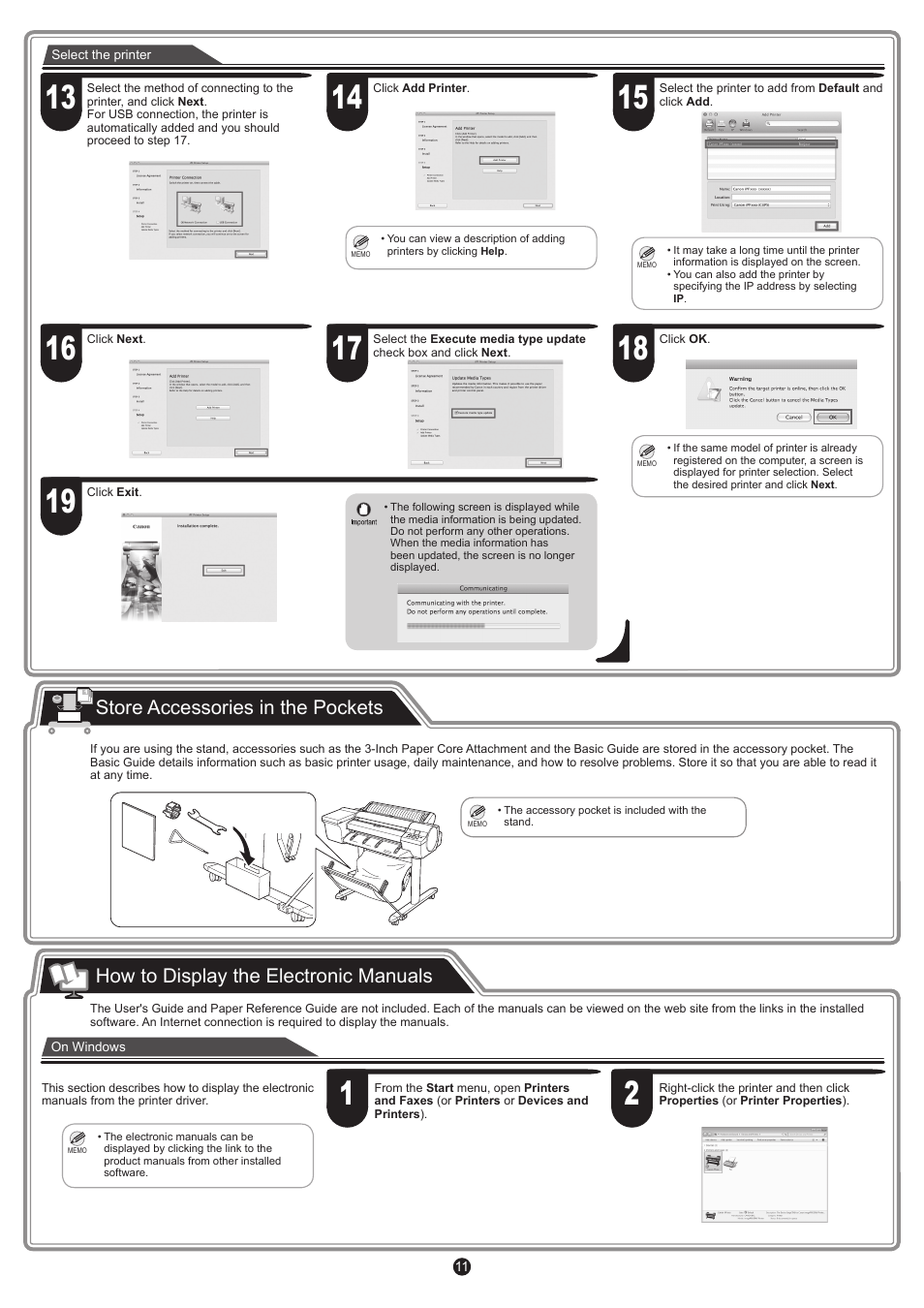 Store accessories in the pockets, How to display the electronic manuals | Canon imagePROGRAF iPF6400S User Manual | Page 11 / 12