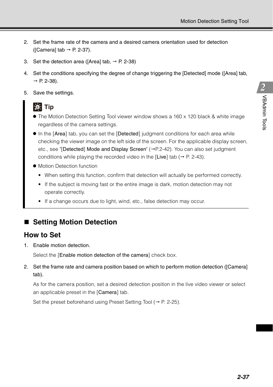 P. 2-37), Setting motion detection how to set | Canon VB-C60 User Manual | Page 103 / 198