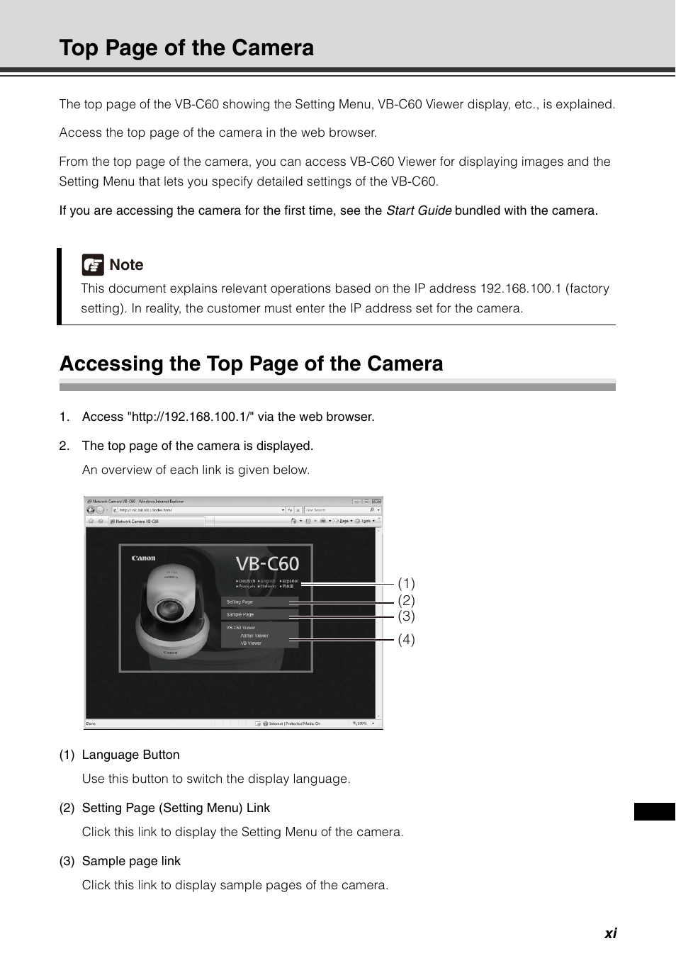 Top page of the camera, Accessing the top page of the camera | Canon VB-C60 User Manual | Page 11 / 198