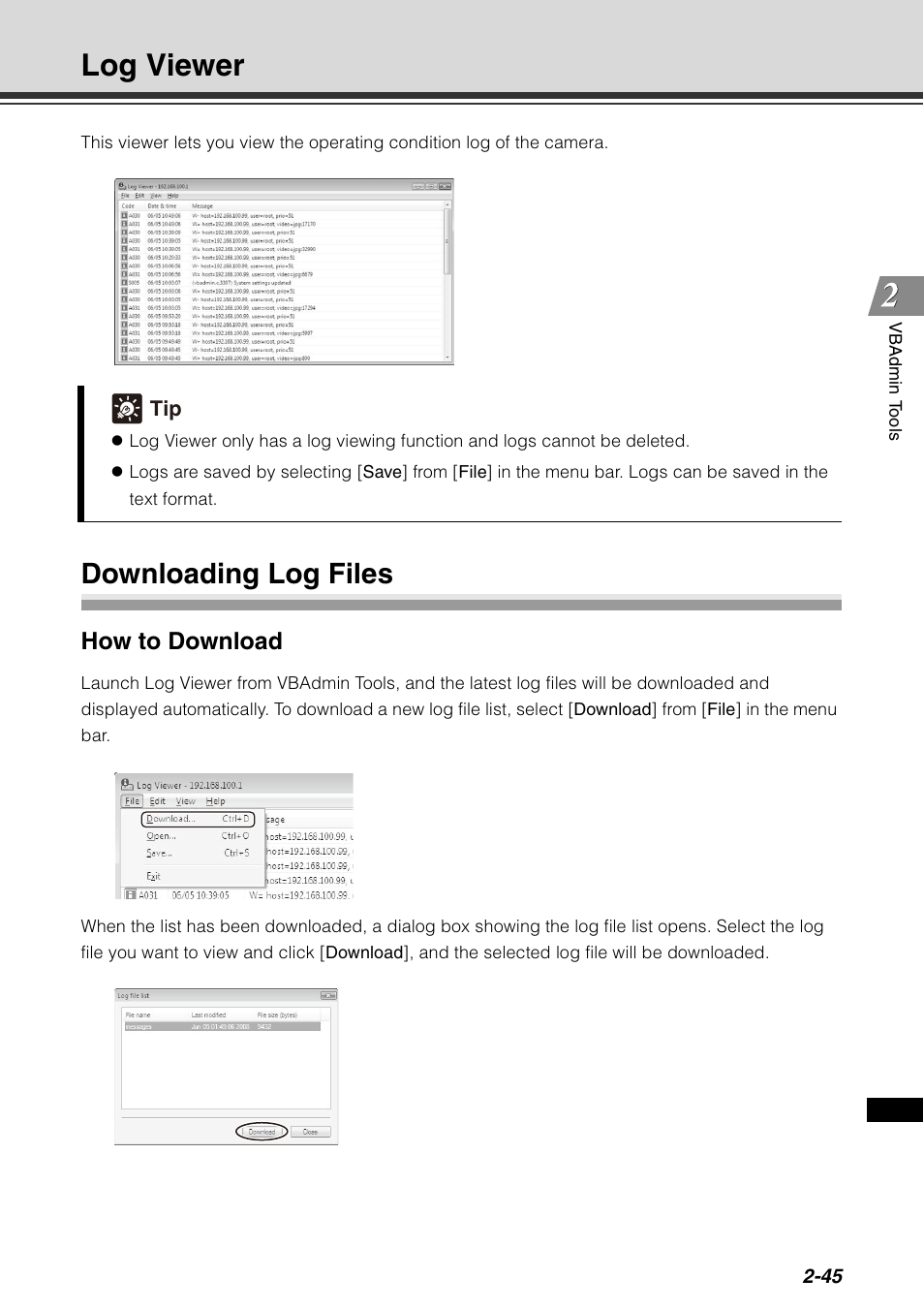 Log viewer, Downloading log files, Log viewer -45 | Downloading log files -45, How to download | Canon VB-C60 User Manual | Page 111 / 198