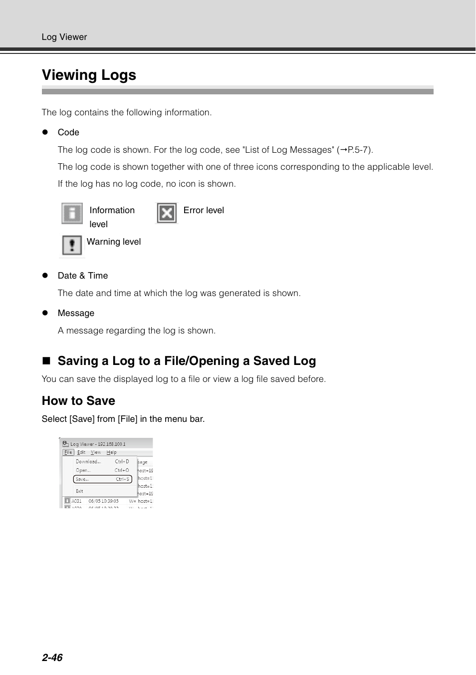 Viewing logs, Viewing logs -46, Saving a log to a file/opening a saved log | How to save | Canon VB-C60 User Manual | Page 112 / 198