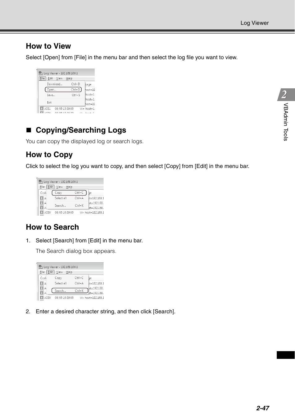 How to view, Copying/searching logs, How to copy | How to search | Canon VB-C60 User Manual | Page 113 / 198