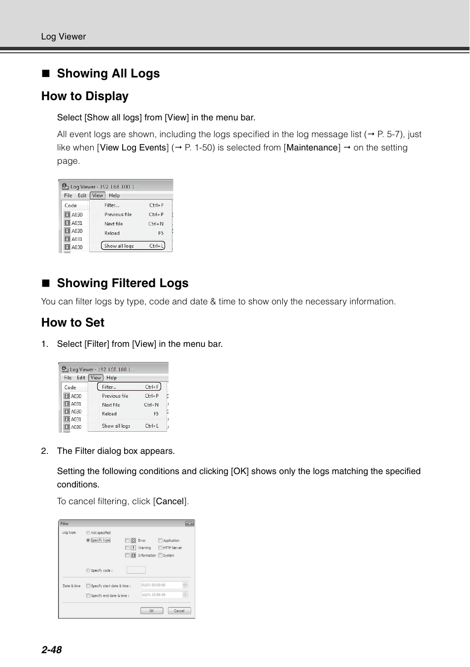 Showing all logs how to display, Showing filtered logs, How to set | Canon VB-C60 User Manual | Page 114 / 198