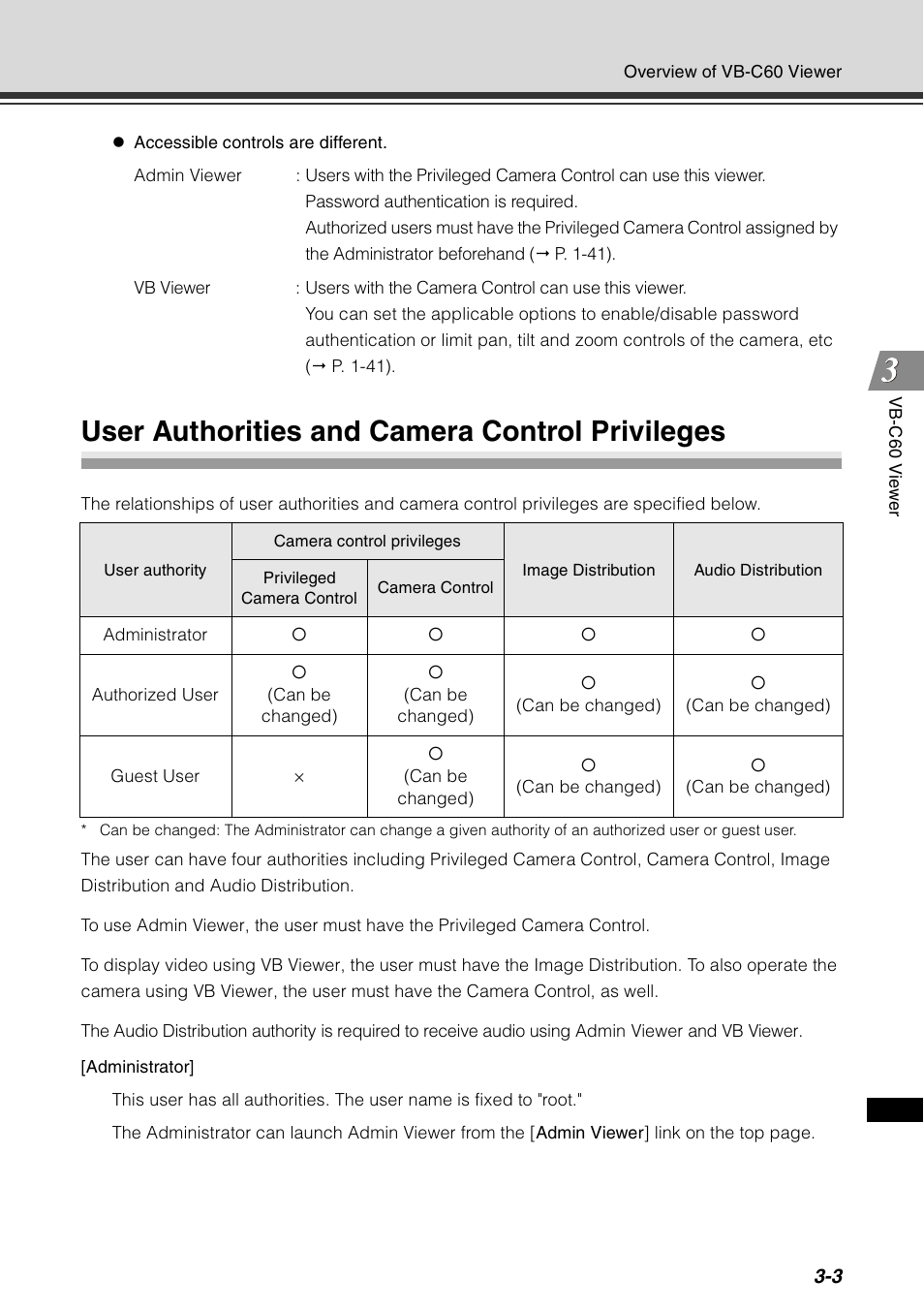 User authorities and camera control privileges, User authorities and camera control privileges -3 | Canon VB-C60 User Manual | Page 119 / 198