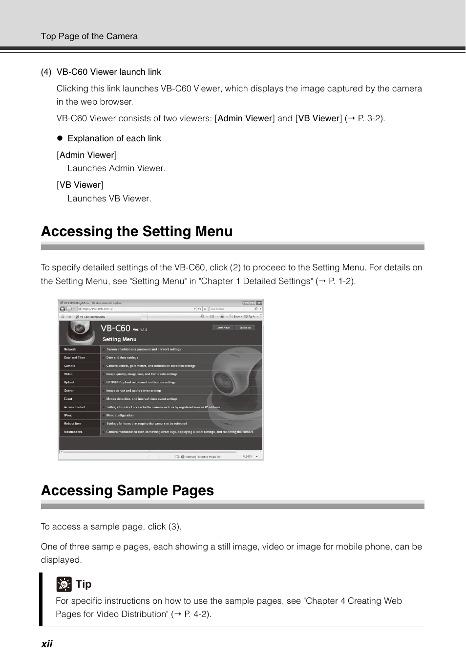 Accessing the setting menu, Accessing sample pages | Canon VB-C60 User Manual | Page 12 / 198