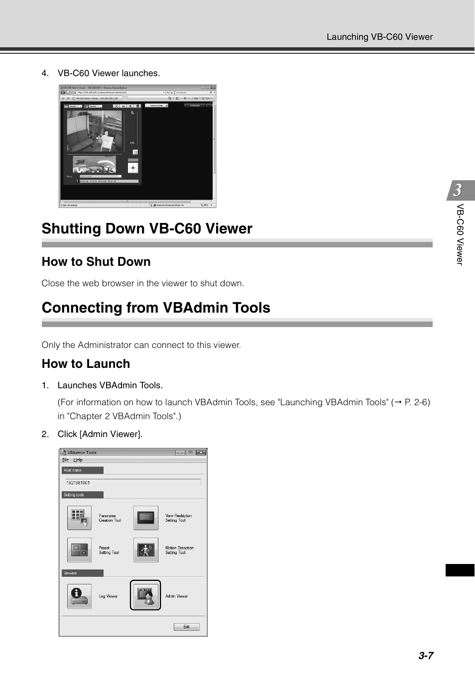 Shutting down vb-c60 viewer, Connecting from vbadmin tools, How to shut down | How to launch | Canon VB-C60 User Manual | Page 123 / 198