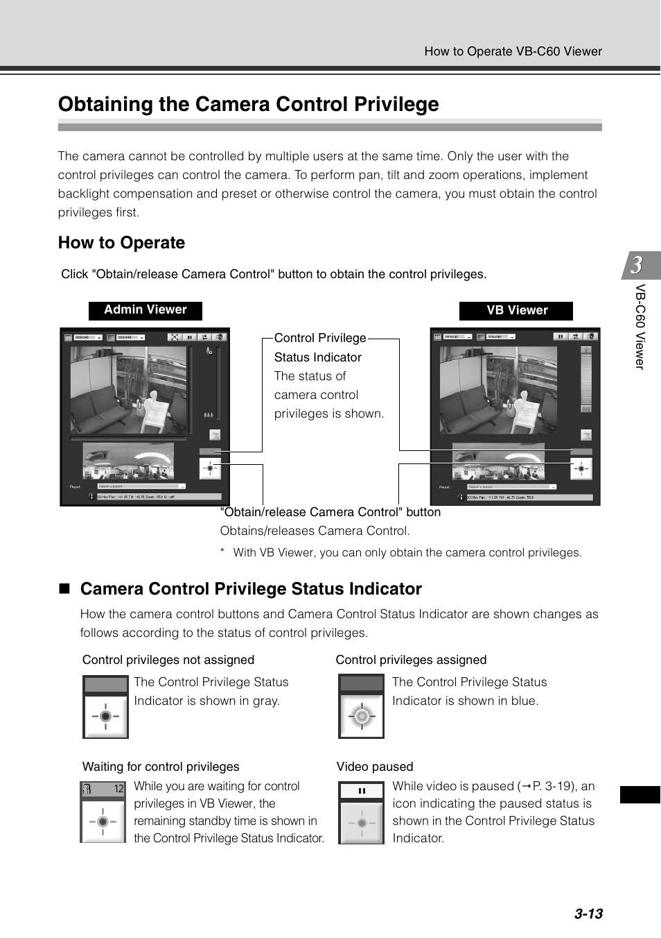 Obtaining the camera control privilege, Obtaining the camera control privilege -13 | Canon VB-C60 User Manual | Page 129 / 198